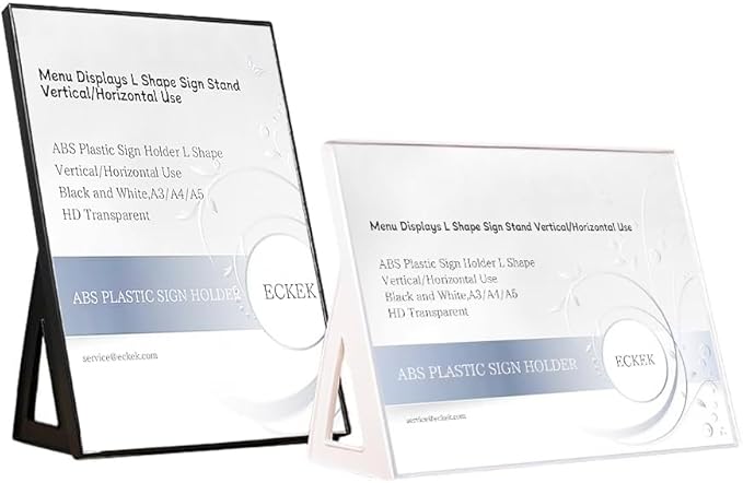 ABS Plastic Sign Holder，Menu Displays L Shape Sign Stand Vertical/Horizontal Use (White A4 210×297mm/8.27×11.69inches)