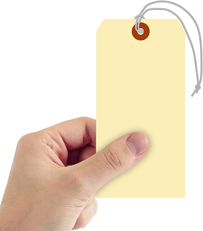 SmartSign Blank Manila Shipping Tags with Elastic Strings - Pack of 100, Size-8, 13pt Thick Pre-Strung Cardstock Tag, 6.25 x 3.125 inch, Paper Hang Tags with Reinforced Fiber Patch