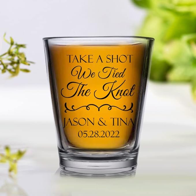 Personalized wedding shot glasses, take a shot we tied the knot, cute customizable wedding favors for guests, custom shot glasses, personalized wedding favors, wedding glasses