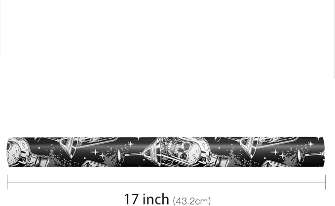 LeZakaa Halloween Wrapping Paper Roll, Gothic Skull-in-Bottle and Eye Cocktail Glass in Black, Spooky Gift Wrap for Horror Lovers, Goth Style Party, Trick or Treat, Mini Roll 17 In x 16.4 Feet