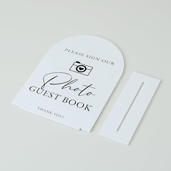 Acrylic Photo Guestbook with Stand- 5"x7" White Arched Wedding Sign and Base,1/8" Thick | Modern Calligraphy Black Lettering Arch Acrylic Sign for Wedding Reception & Party(5x7Inch, White)
