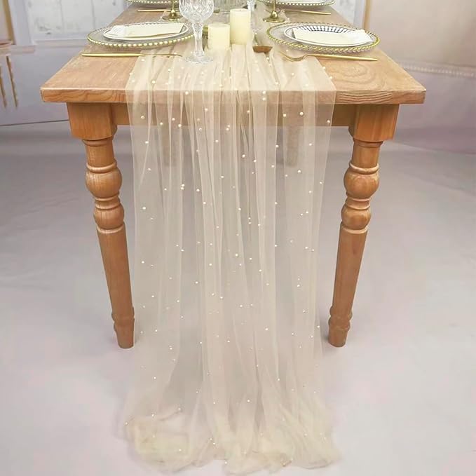 EHLDekol Pearl Table Cloth Elegant Polyester Table Runner with Artificial Pearl Accents Extra Long 10 ft 60 x 120 Inches Pearl Tulle Table Runner for Wedding (60inch Width,Champagne, 4Packs)