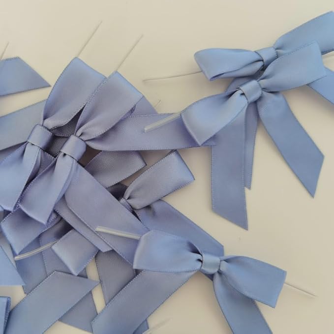 50pcs 2-1/2" Smog Blue Satin Ribbon Bows with Twist Ties Smog Satin Ribbon Bows for Candy Party Decoration Gift Packing Wrapping Accessories(2.5”,Airy Blue)