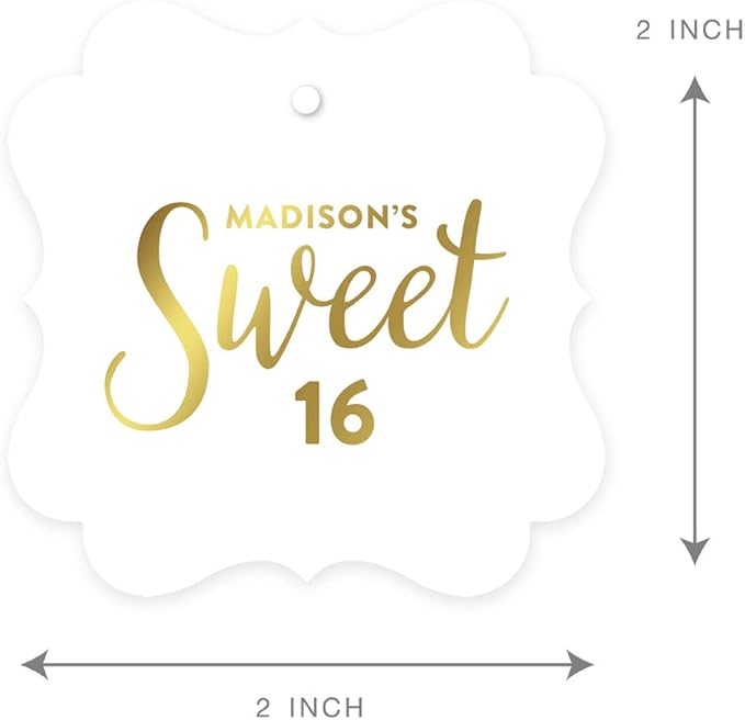 Andaz Press Personalized Fancy Frame Square Birthday Gift Tags, Metallic Gold Ink, Sweet 16 Birthday, 24-Pack, Custom Made Name, Gold Party Decor