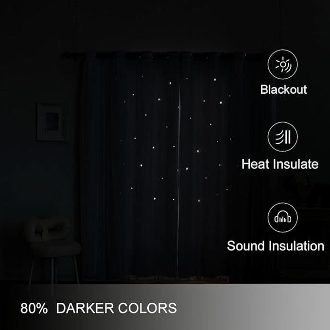 Ombre Rainbow Blackout Curtains for Kid Girls Bedroom Living Room Darking Stripe Double Layer Star Cut Out Wall Home Decor Gradient Grommet Window Curtains (Greywish White 84)