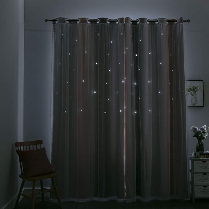 FANLI Ombre Rainbow Blackout Curtains for Kid Girls Bedroom Living Room Darking Stripe Double Layer Star Cut Out Wall Home Decor Gradient Grommet Window Curtains (Pink/Grey, 52W x 95L)