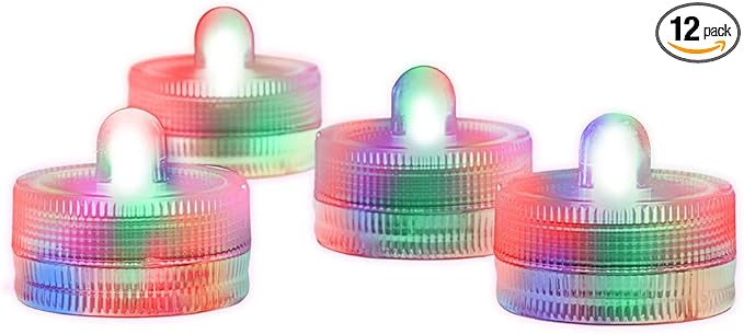 Submersible LED Lights cr2032 Battery Powered Underwater Waterproof LED Tea Light Candles for Events Wedding Centerpieces Vase Floral Xmas Holidays Home Decor Lighting(Pack of 12) (Multi-colored)