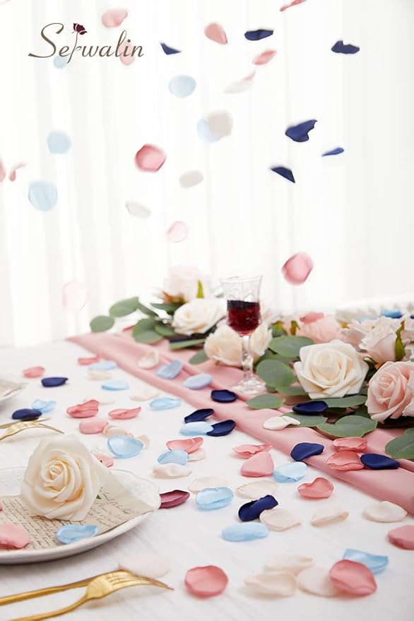 Serwalin 300pcs Silk Rose Petals Flower Petals for Weddings Pink Navy Blue Rose Petals Artificial Flower Petals for Proposal Flower Girl Basket Bridal Shower (4 Color Mixes)