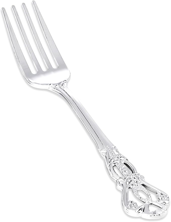 30PCS Silver Plastic Forks - 8.1inch Silver Forks Disposable - Vintage Heavy Duty Dessert Forks - Premium Fancy Plastic Silverware for Parties, Weddings, Dinners and Events