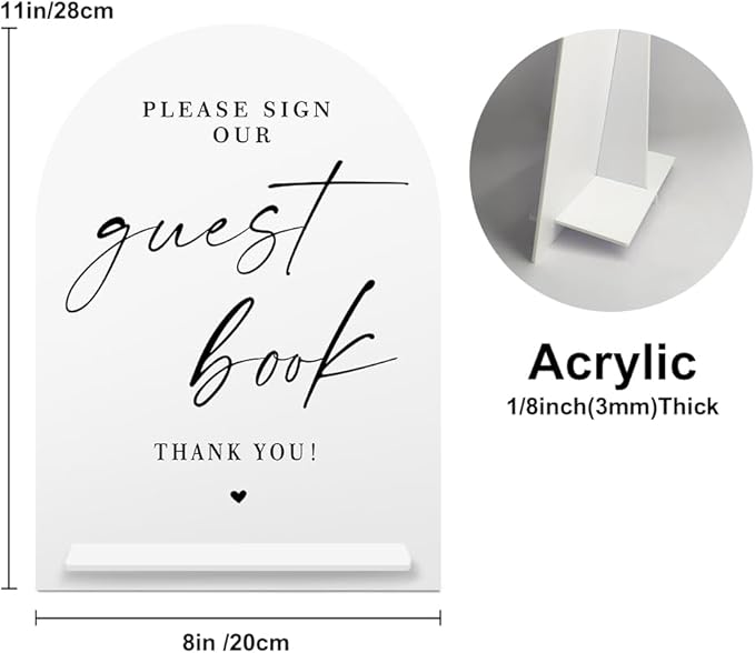 White Acrylic Guest Book Sign, Please Sign Our Guestbook Sign with Stand- 8x11 Inch Modern Calligraphy Arch Diagonal Acrylic Sign for Wedding Reception, Wedding Decoration Sign-bs-hlp05