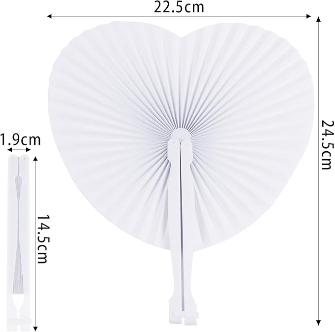 Zwin 60PCS Heart Shaped Folding Paper Fans for Wedding White Plastic Handheld Pocket Paper Fans for Party Decorations