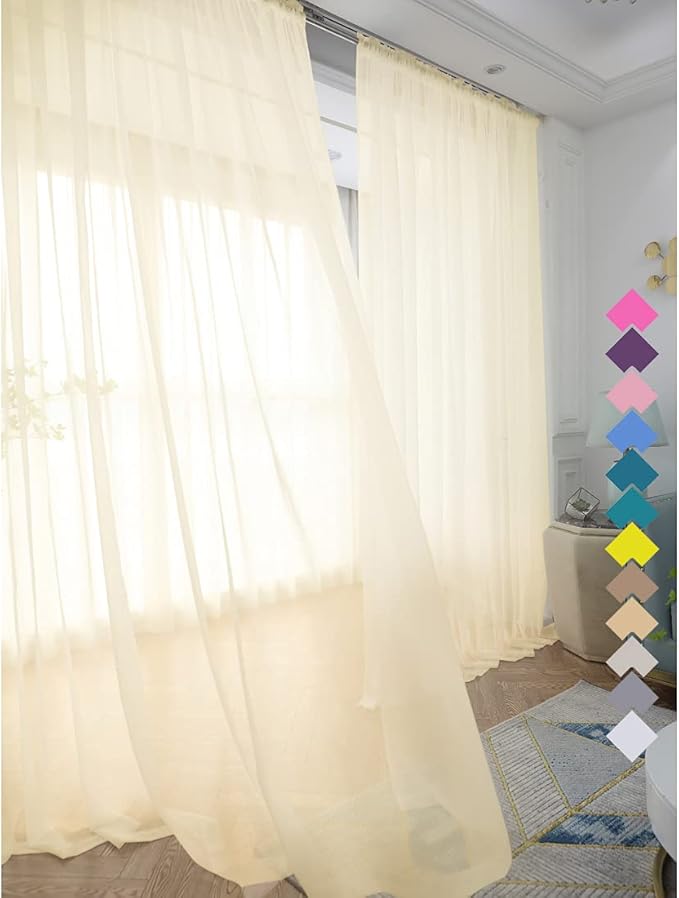 Window Light Yellow Sheer Curtains 48 Inches Width 84 Inches Long 2 Panels Sheer Curtain Clear Curtains Basic Rod Pocket Panel for Home Living Room Bedroom Kids Room Yard Patio Parlor Sliding