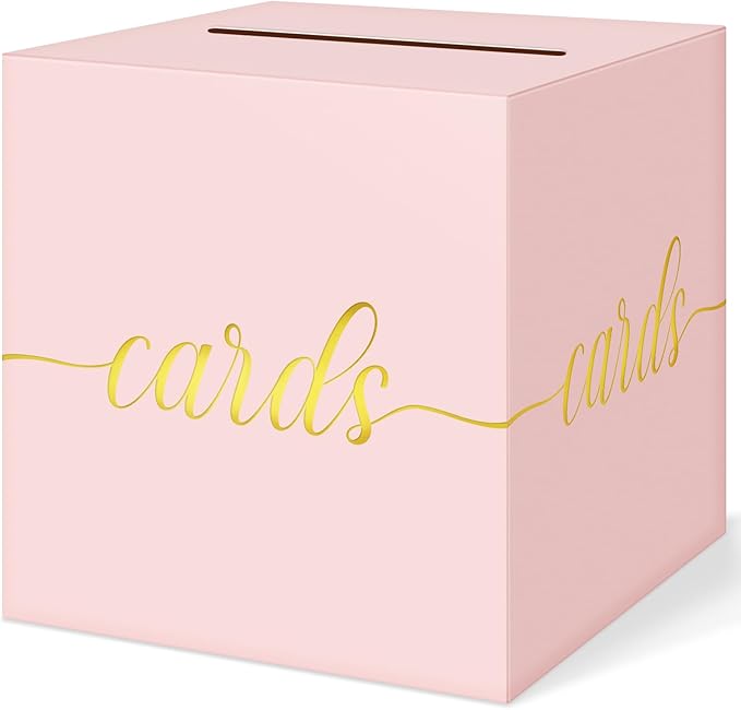 QIKSION Pink Wedding Card Box, Gold Foil Gift Card Box for Party, Wedding Reception, Graduation, Birthday, Baby Shower, Raffle