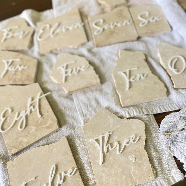 Cursive Wedding Table Number SET, DIY thin modern Black or White acrylic cutouts with silicone glue included. Words only, no backing (One - Five, Gloss White)