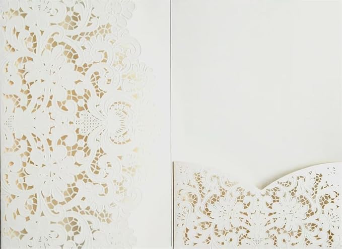 MillaSaw Ivory Embossed Laser Cut Invitation Pocket Envelope, Floral Engraved Invitation Sleeve, for Anniversary Bridal Shower Quinceañera Birthday Party (ivory)