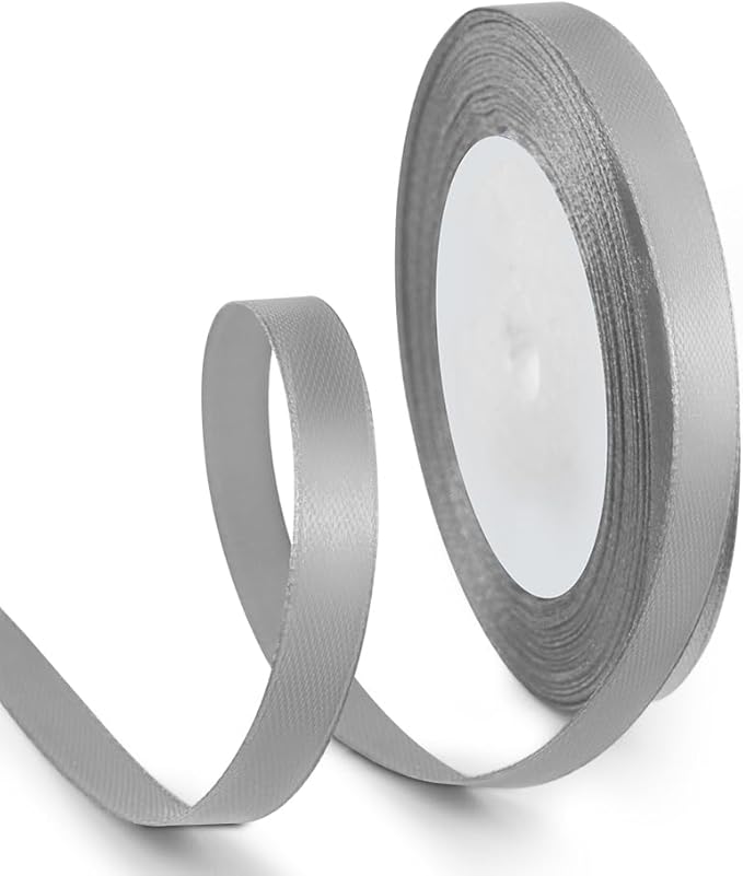 3/8 Inch 25 Yards Satin Ribbon Silver, Solid Color Fabric Ribbon for Gift Wrapping, Wedding, Polyester Gift Ribbon for Birthday Party Decoration, Craft, Hair, Floral, Sewing