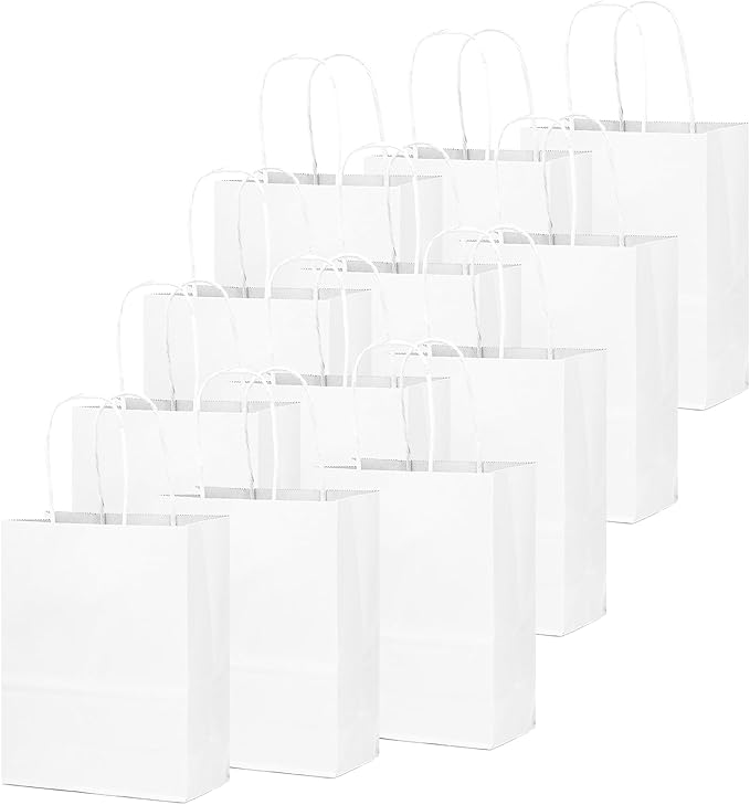 qiqee 50-Packs White Paper Gift Bags with Handles Bulk 8.3"x3"x 6" Small Size Paper Bags Multiple Uses(Small Size)