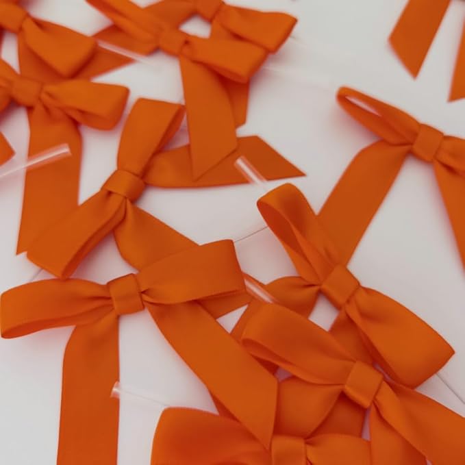 50pcs 2-1/2" Orange Twist Ties Satin Ribbon Bows in Pumpkin Color for Thanks Giving Halloween Wrapping Twist Tie Bows Hot Cutting(Orange)