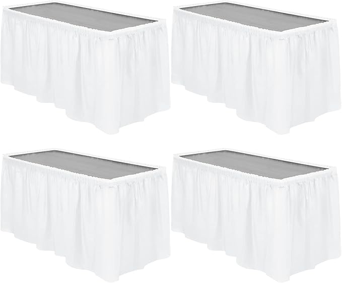 TURSTIN 4 Pieces White Plastic Table Skirts 14 Feet x 29 Inch for Rectangle Tables Fitted Tablecloth Disposable Table Cover for Birthday Party, Events, Banquette Baby Shower