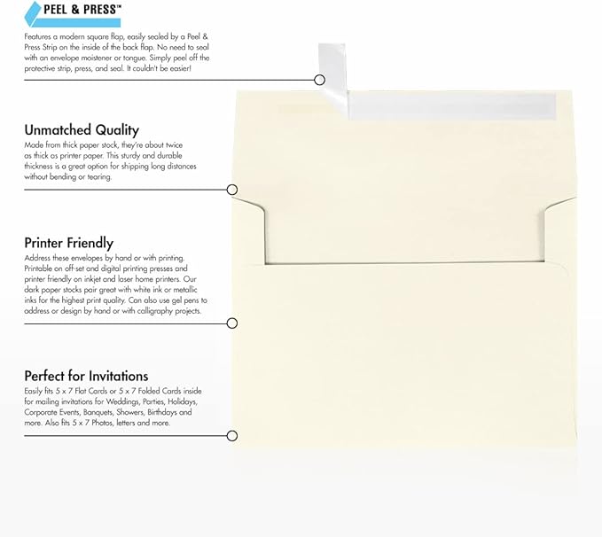 LUXPaper A7 Invitation Envelopes | Peel & Press | 5 1/4" x 7 1/4" | Natural | 80lb. Text | 30% Recycled | 250 Qty
