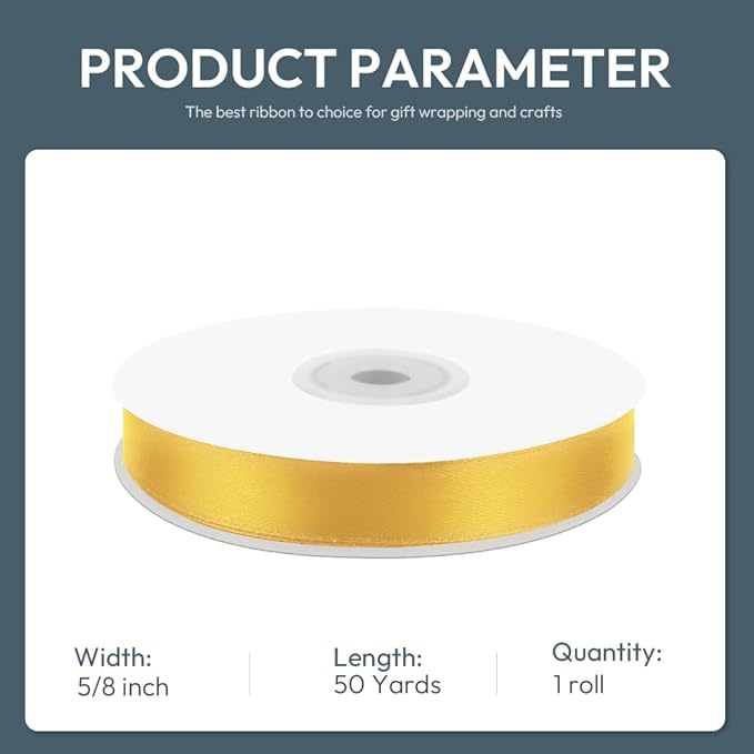 KMER LIFE 5/8" Wide x 50 Yards Yellow Single Faced Polyester Satin Ribbon, Yellow Satin Ribbon Perfect for Wedding Decor, Wreath, Crafts, Gift Wrapping & Other Projects (Yellow)