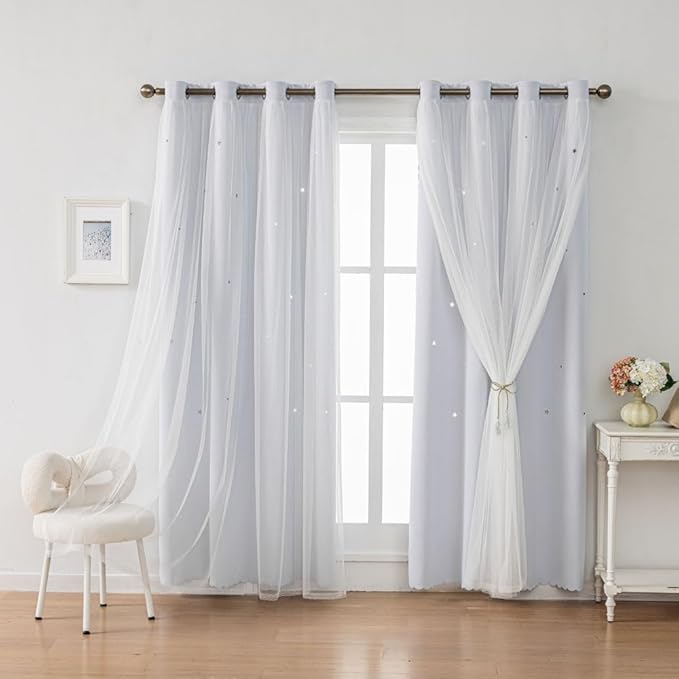 Ombre Rainbow Blackout Curtains for Kid Girls Bedroom Living Room Darking Stripe Double Layer Star Cut Out Wall Home Decor Gradient Grommet Window Curtains (Greywish White 63)