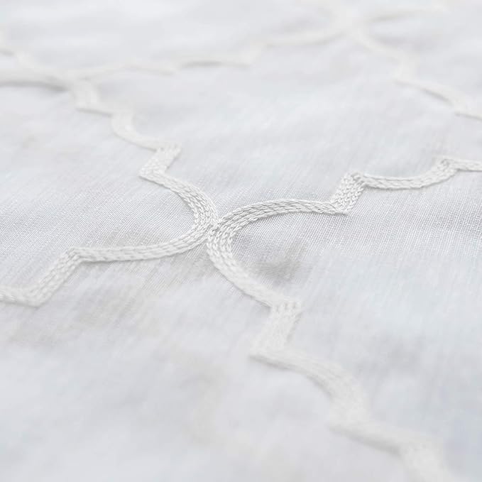 Embroidered Moroccan Tile Lattice Design Sheer Curtains White 45 Inch Length, Rod Pocket Voile Drapes for Living room, Bedroom, Window Treatments Semi Curtain Panels for Yard, Set of 2, 52"x 45".