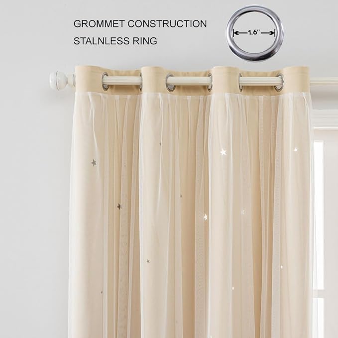 FANLI 2 Panels Star Blackout Curtains for Kid Girls Bedroom Living Room Darking Stripe Double Layer Star Cut Out Wall Home Decor Gradient Grommet Window Curtains (Beige 63L)