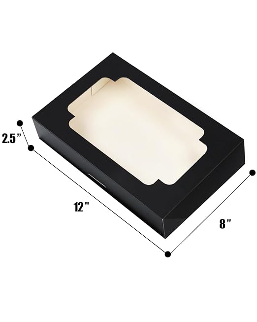 qiqee Auto-pop up Black Cookie Box with Window 12x8x2.5 inch 32 Packs Two Uses One Second Folding Pastry Biscuit Bakery Box for Packaging
