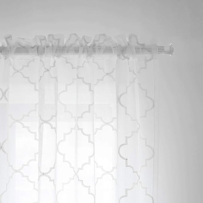 White Sheer Curtains 84 Inches Long, Rod Pocket Sheer Drapes for Living room, Bedroom, 2 Panels, 52"x84", Embroidered Moroccan Tile Lattice Design Semi Voile Window Treatments for Yard, Patio, Villa.