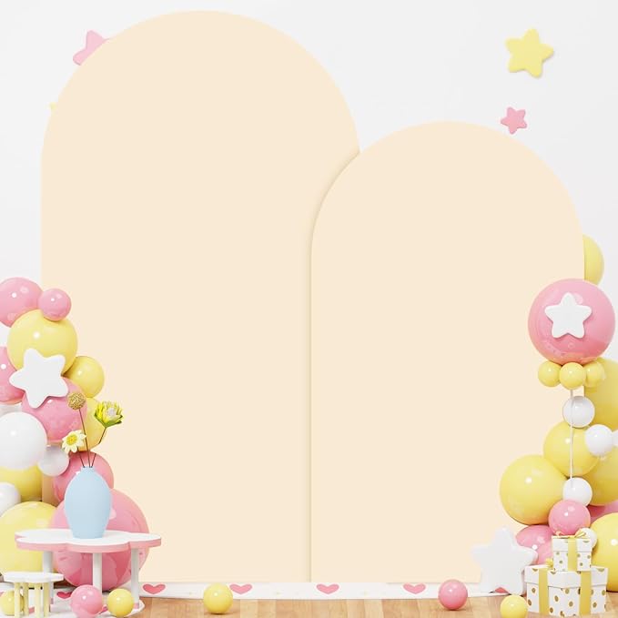 Arch Backdrop Stand with Beige Spandex Arch Cover Set of 2 6FT 7.2FT Spandex Fitted Stretchy Arch Covers for Party Gold Metal Backdrop Stand for Wedding Baby Shower