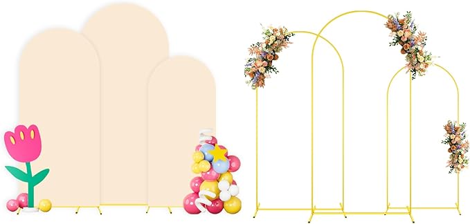 Wedding Arch Stand with Beige Spandex Fitted Arch Backdrop Cover Set 6FT 6.6FT 7.2FT Round Top Chiara Backdrop Stands and Covers for Birthday Party Baby Shower Banquet Decoration