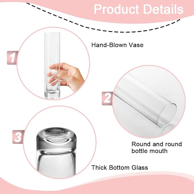 12 Pack 7.5 Inch Glass Cylinder Bud Vases for Centerpieces Clear Slim Flower Vases Tall Glass Cylinder Vase Small Vase for Single Rose Vases Bulk, Home Aesthetic Desk Decor