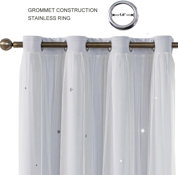 Ombre Rainbow Blackout Curtains for Kid Girls Bedroom Living Room Darking Stripe Double Layer Star Cut Out Wall Home Decor Gradient Grommet Window Curtains (Greywish White 72)