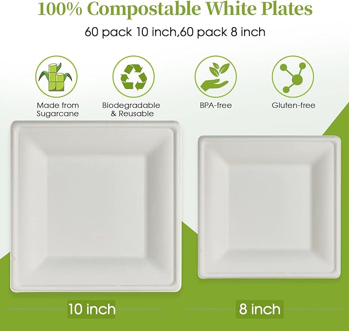 ECOLipak 120 Pack Compostable Paper Plates, 10 inch and 8 inch Heavy Duty Eco friendly Sugarcane Biodegradable Disposable Square Plates for Party Dinner Birthday