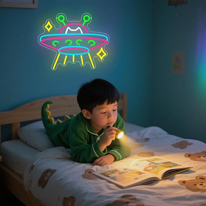 UFO Neon Sign,Cat Dimmable LED Light Signs for Wall Art Decor,Space Backdrop for Game Room Bedroom Club Party Man Cave,Gift for Boys Teen Men USB Powered（15"*12.1"）
