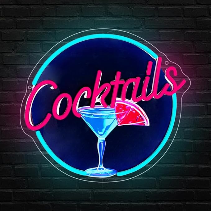 Cocktails Neon Signs for Wall Decor,UV Print Cocktails Glass LED Neon Light Up Sign for Beer Bar Art Wall Lights,Bar Party,Pub,Night Club,Man Cave Decor,Adjustable Brightness
