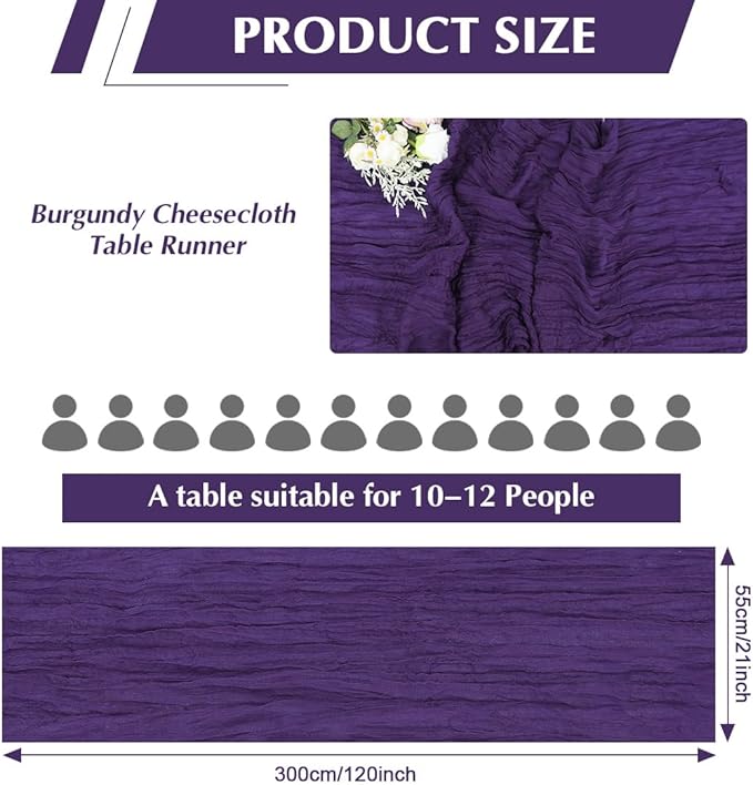 10 Pack Purple Cheesecloth Table Runner -21*120Inch Long Boho Wedding Table Decor, Rustic Gauze Fabric Runner for Bridal Showers, Baby Showers & Parties (Sheer, Lightweight, Wrinkled Design)