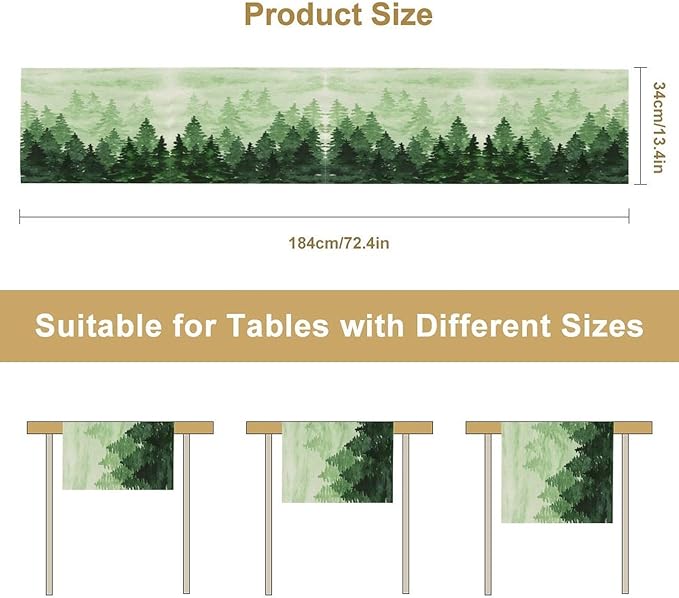 Foggy Forest Table Runner,Watercolor Wreen Misty Forest Landscape Table Runner for Kitchen Dining Table Home Party Decoration 13x90 Inch