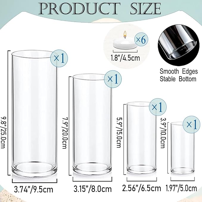 Set of 4 Pcs Glass Cylinder Vases for Centerpieces with 6 Pcs White Floating Candles for Centerpieces Glass Candle Holder for Table Shelf Wedding Party Home Decor (S+M+L+XL)