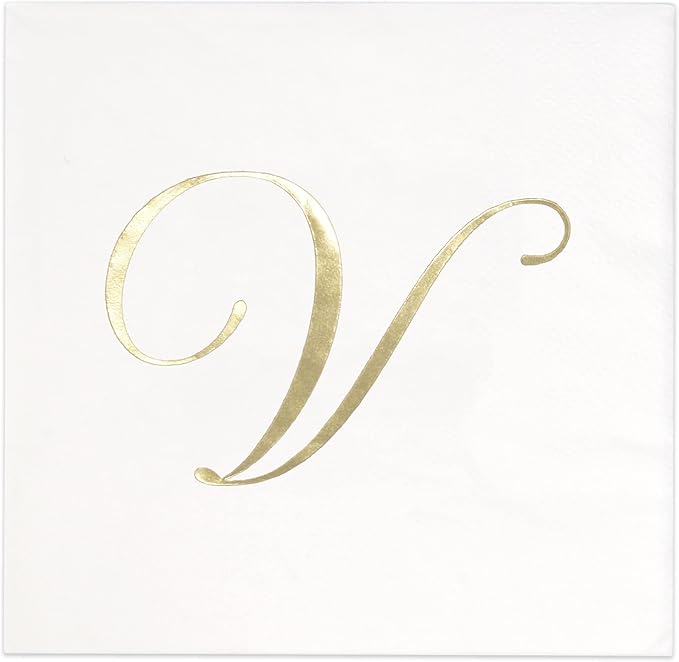 Gift Boutique 100 Gold Monogram Cocktail, Letter V Disposable Paper Pack Elegant Metallic Golden Foil Hand Napkin for Powder Room Wedding Holiday Birthday Party Baby Shower Decorative Towels