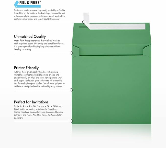 LUXPaper Square Invitation Envelopes | Peel & Press | 5" x 5" | Holiday Green | 80lb. Text | 50 Qty
