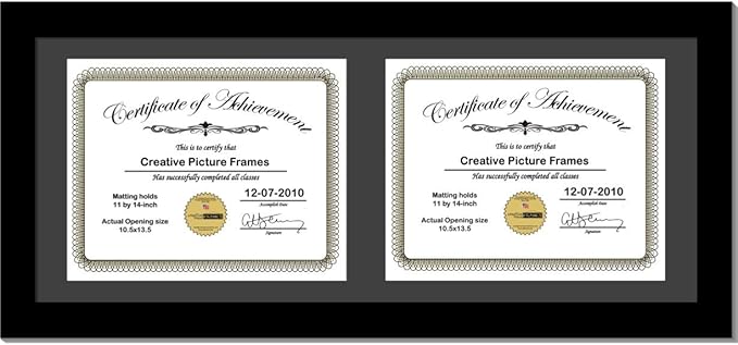 Creative Picture Frames 14X30Bk-B Black Horizontal Double Diploma Frame With 2 Opening Black Mat, Holds 2-11X14-Inch Documents With Wall Hanger