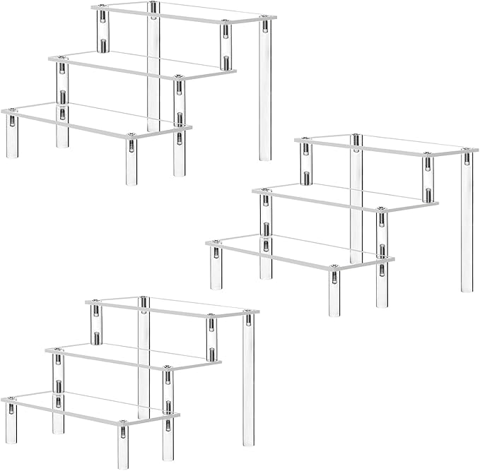 Acrylic Display Risers,Clear Acrylic Risers Display Stand Shelf 3 Tiered Cupcake Stand Perfect for Amiibo Funko Pop Figure Desserts Stand Tabletop Perfume Colognes Toys Collections Cosmetic