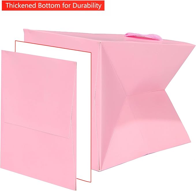 Pink Square Gift Bag 8 in Paper Gift Box Large Square Bottom Kraft Paper Bags with Handles for Party Favor, Birthday Gift Bags (Pink, 8 x 8 x 8 in, 10 CT)