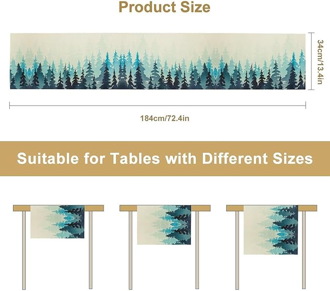 Misty Forest Table Runner,Foggy Blue Forest Landscape Table Runner for Kitchen Dining Table Home Party Decoration 13x108 Inch