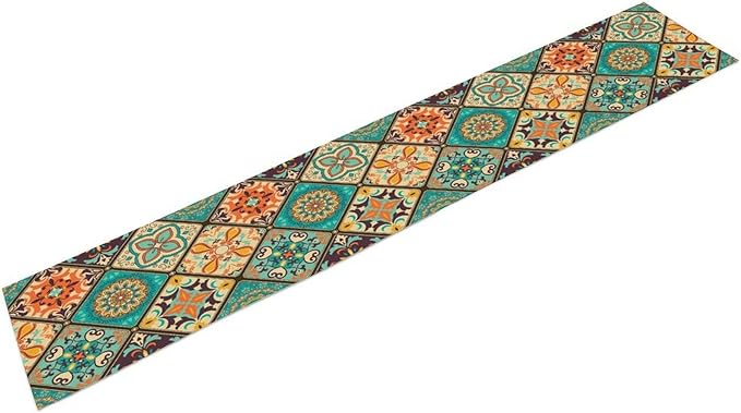 Bohemian Patchwork Table Runnerboho Colorful Tile Patchwork Indian Floral Print Table Runner for Home Kitchen Indoor Outdoor Party Wedding Decor, 13x36inch