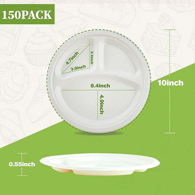 ECOLipak 150 Pack Compostable 3 Compartment Plates, 10 inch Heavy-Duty Disposable Biodegradable Sugarcane Bagasse Paper Plates for Party Dinner