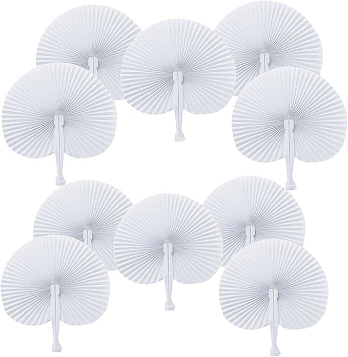 ZWIN 60PCS White Wedding Fans Round Folding Paper Fans Plastic Handle Pocket Fans for Wedding Celebration Birthday Party Favor