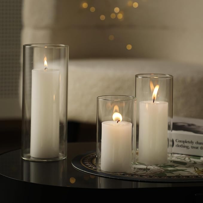 UDU Set of 12 White Pillar Candles and 12 Glass Cylinder Vases Hurricane Holders, Slim Pillar Candle Holder, Cylinder Vases for Centerpieces Wedding Table Party Home Decor(2.6" X 4.7", 5.9", 7.9")